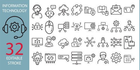 Information Technology icon set. Containing cloud computing, IT manager, big data, data analytics, internet, network security and more. perfect flat icon collection.