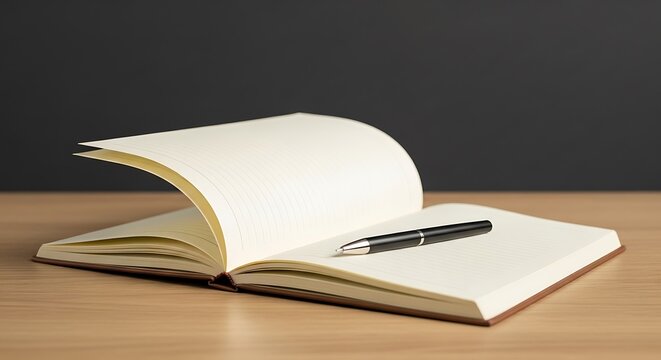 Open notebook with pen on wooden table.