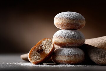 A delicious stack of powdered donuts, with one cut in half, showcasing its fluffy interior against a dark, elegant backdrop.
