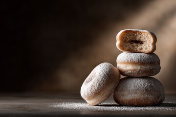 A close-up image of powdered doughnuts stacked with one partially bitten, showcasing their fluffy interior against a dark background.
