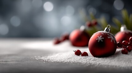A festive arrangement featuring red Christmas ornaments on a soft, snowy surface, evoking a cozy holiday atmosphere.