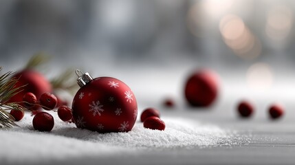 A festive scene featuring a red Christmas ornament with snowflakes, surrounded by snow and berries, evoking a winter holiday atmosphere.