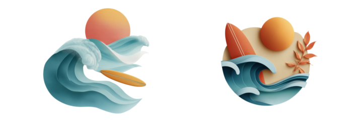 Surfing waves at sunset beach artwork digital illustration on transparent background