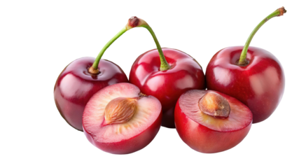 Five ripe red cherries two halved to reveal juicy flesh and pits isolated on transparent background