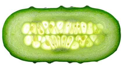 image showing the cross-section of a green cucumber slice against a black background. The fresh, translucent flesh reveals the seeds within, highlighting the intricate natural structure.