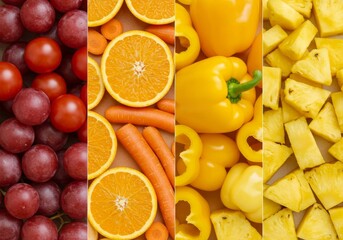 Colorful Flat Lay of Red Grapes Cherry Tomatoes Orange Slices Carrots and Yellow Bell Peppers