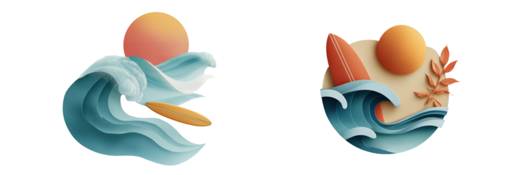 Surfing waves at sunset beach artwork digital illustration on transparent background - Powered by Adobe