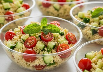 Salad bowls featuring couscous cherry tomatoes cucumbers and fresh mint leaves