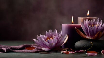 A tranquil arrangement featuring purple lotus flowers, candles, and stones, creating a serene atmosphere with a soft, dark background.