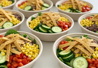 Salad bowls with corn red bell peppers cucumbers and tortilla strips left aligned
