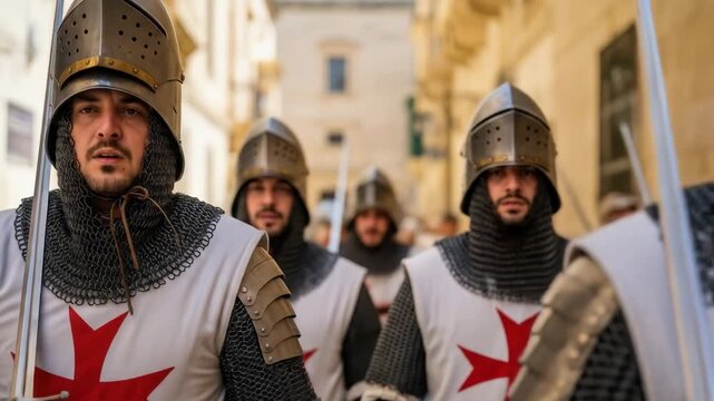 group of armored medieval knights dressed in traditional crusader attire, featuring red crosses on white tunics and shields. historical parade or reenactment, malta independence day.