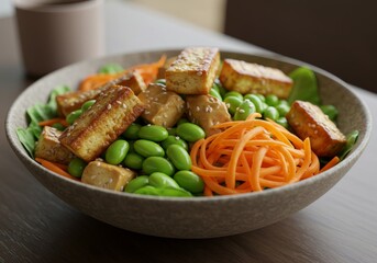 Salad bowls with grilled tofu edamame shredded carrots and sesame dressing