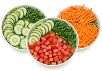 Salad bowls with geometric ingredient placement sliced cucumbers diced tomatoes