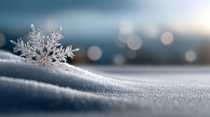 A close-up of a delicate snowflake resting atop soft, sparkling snow, illuminated by a gentle light, creating a serene winter scene.