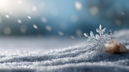 A delicate snowflake rests on soft snow, surrounded by gentle snowfall, creating a serene winter scene with a touch of nature's beauty.