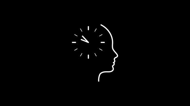 Looped animation of human head silhouette with clock inside symbolizing time management, thinking process, psychology, mindfulness, deadline and productivity on transparent background, alpha channel