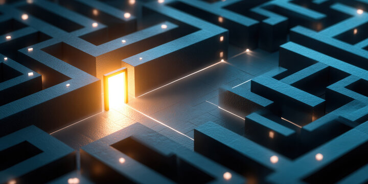 Glowing exit door in dark blue maze symbolizing solution, hope, and breakthrough in complex challenges with illuminated path