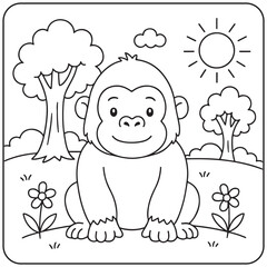 A friendly, cartoon gorilla sitting happily in a sunny jungle or forest clearing with trees and flowers. A simple outline for a children's coloring page and activity.