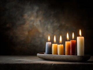 A serene arrangement of colorful candles gently flickering on a rustic tray, casting warm light against a dark background.