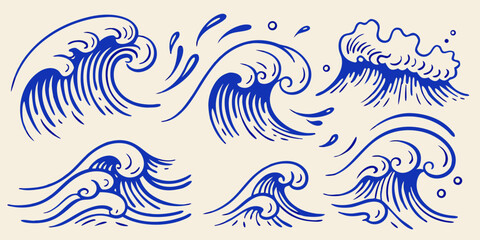 Fototapeta premium Set of stylized blue ocean waves and water splashes in a minimalist japanese art style