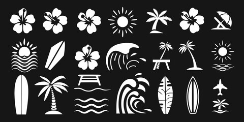 Collection of tropical beach and summer vacation icons including hibiscus flowers palm trees and ocean waves