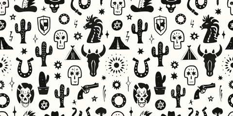 Whimsical western pattern with skulls cacti horseshoes and cowboy hats