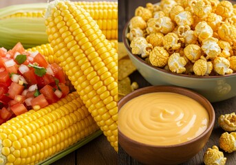 Split Image Showing Fresh Corn on the Cob and Tomato Salsa and Buttery Popcorn and Nachos