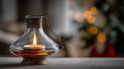 A beautifully lit glass oil lamp with a flickering flame, set against a softly blurred background of warm lights, creating a cozy atmosphere.