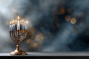 A beautifully lit menorah with candles glowing against a blurred, ethereal background, creating a serene and festive atmosphere.