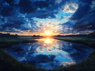 Obraz premium Sunset reflection over calm river nature landscape tranquil environment serene viewpoint peaceful concept