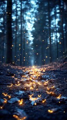 Illuminating fireflies dance along a forest path enchanting nighttime nature scene serene atmosphere