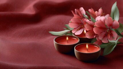 A serene composition featuring three lit candles and vibrant pink flowers on a rich red fabric backdrop, creating a calming atmosphere.