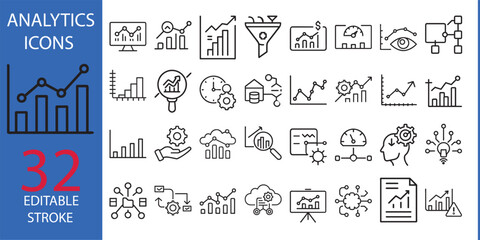 Data Analysis Line Icons. Editable Stroke. Pixel Perfect. For Mobile and Web. Contains such icons as Analytics, Artificial Intelligence, Assessment, Big Data, Chart, Cloud Computing, Dashboard.