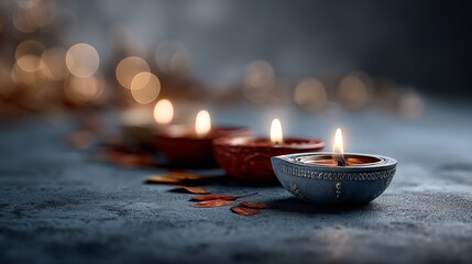 A serene arrangement of decorative candles glowing softly against a blurred background, evoking warmth and tranquility.