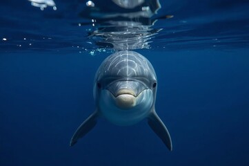A dolphin swims underwater, facing the camera with a gentle expression, surrounded by a deep blue sea and a shimmering surface above.