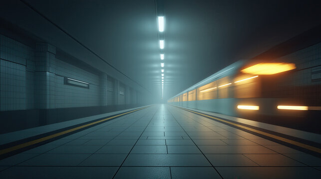 Single train arriving at minimalist subway platform at dawn, soft ambient light and calm urban architecture