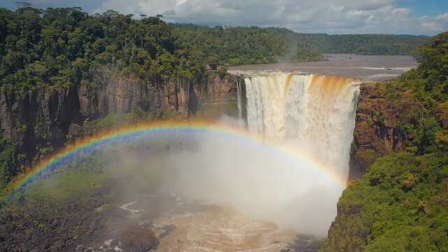 Kaieteur Falls, Guyana Dramatic shot of Kaieteur Falls plunging from a high plateau into deep jungle, rainbow forming in the mist, cinematic style 