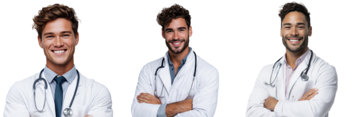 Medical professionals smiling in lab coats studio environment portrait on transparent background