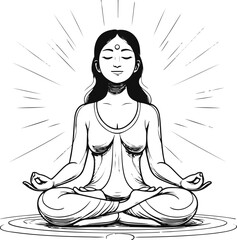 Meditating person with sun rays behind, black and white vector line art, balanced composition