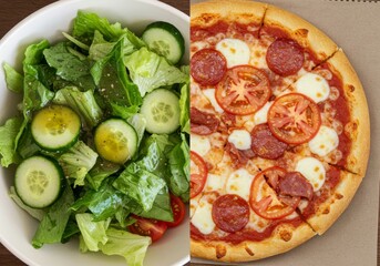 Split image with fresh salad bowl on left and loaded pizza slice on right top down view