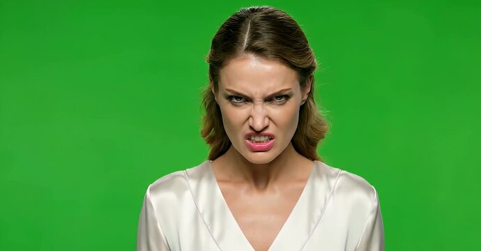 Woman with an angry facial expression against a green background.