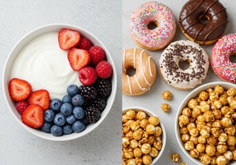 Split Image with Fresh Berries Greek Yogurt Frosted Donuts and Caramel Popcorn