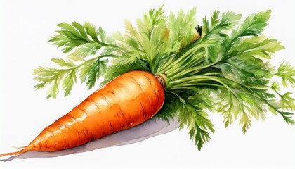a vibrant orange carrot with green leafy tops beautifully illustrated in watercolor style showcasing its natural freshness and detail