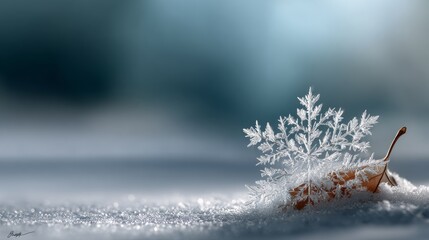 A delicate snowflake rests on a brown leaf, surrounded by a serene snowy landscape, creating a peaceful winter scene.