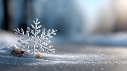 A delicate snowflake rests on pristine snow, glistening in the soft light, creating a serene winter scene.