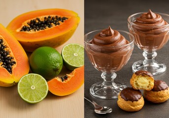 Split Image with Fresh Papaya Lime Chocolate Mousse and Eclairs on Right