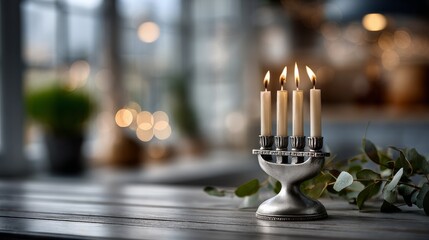A silver candle holder with lit candles stands on a wooden table, surrounded by greenery, creating a warm, inviting atmosphere.