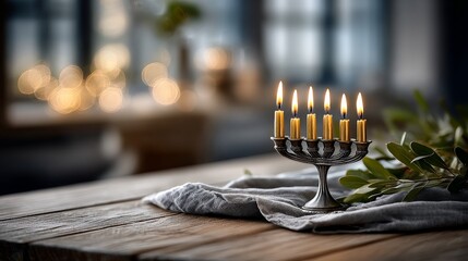 A beautifully lit menorah with seven candles, placed on a wooden table, surrounded by soft bokeh lights and greenery, creating a warm, inviting atmosphere.