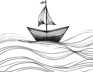 Paper boat floating on waves, black and white vector line art, symbol of journey 2