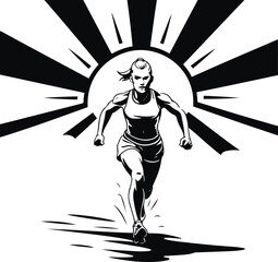 Person running towards a rising sun, black and white vector line art, no shading, minimal style 1